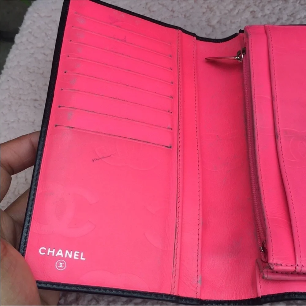 Chanel Black Cambon Quilted Leather Wallet Hot Pink Interior Black CC Classic